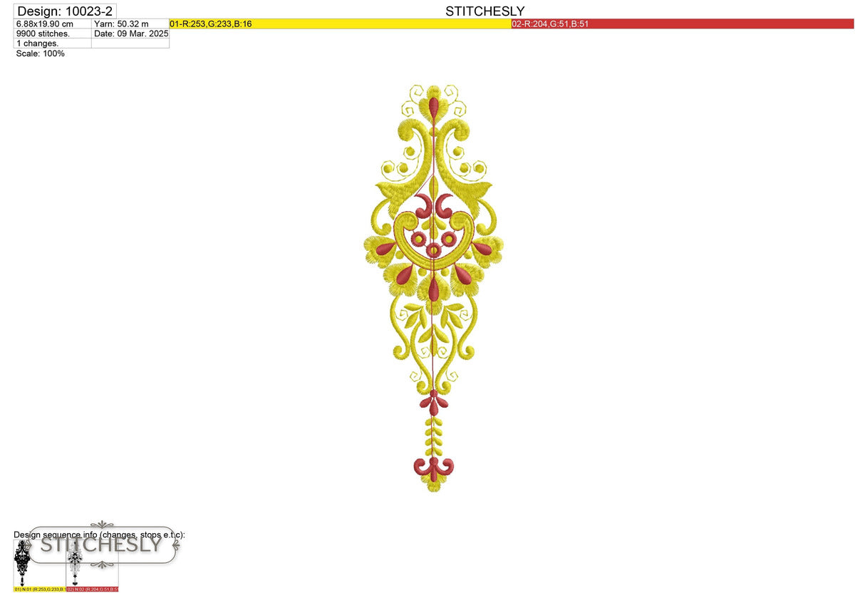 Detail view of Bright Folk Teardrop Ornament machine embroidery design