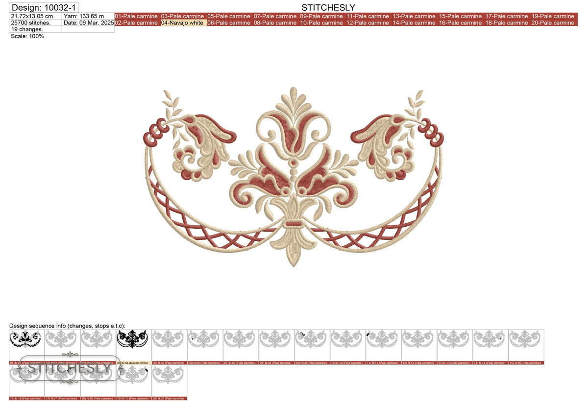 Detail view of Floral Lattice Neckline machine embroidery design