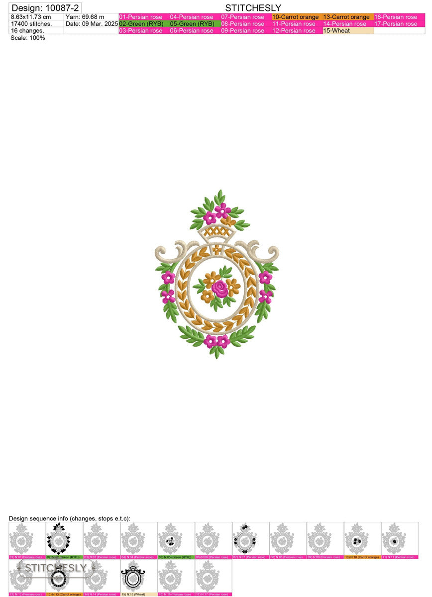 Detail view of Floral Wreath Medallion machine embroidery design