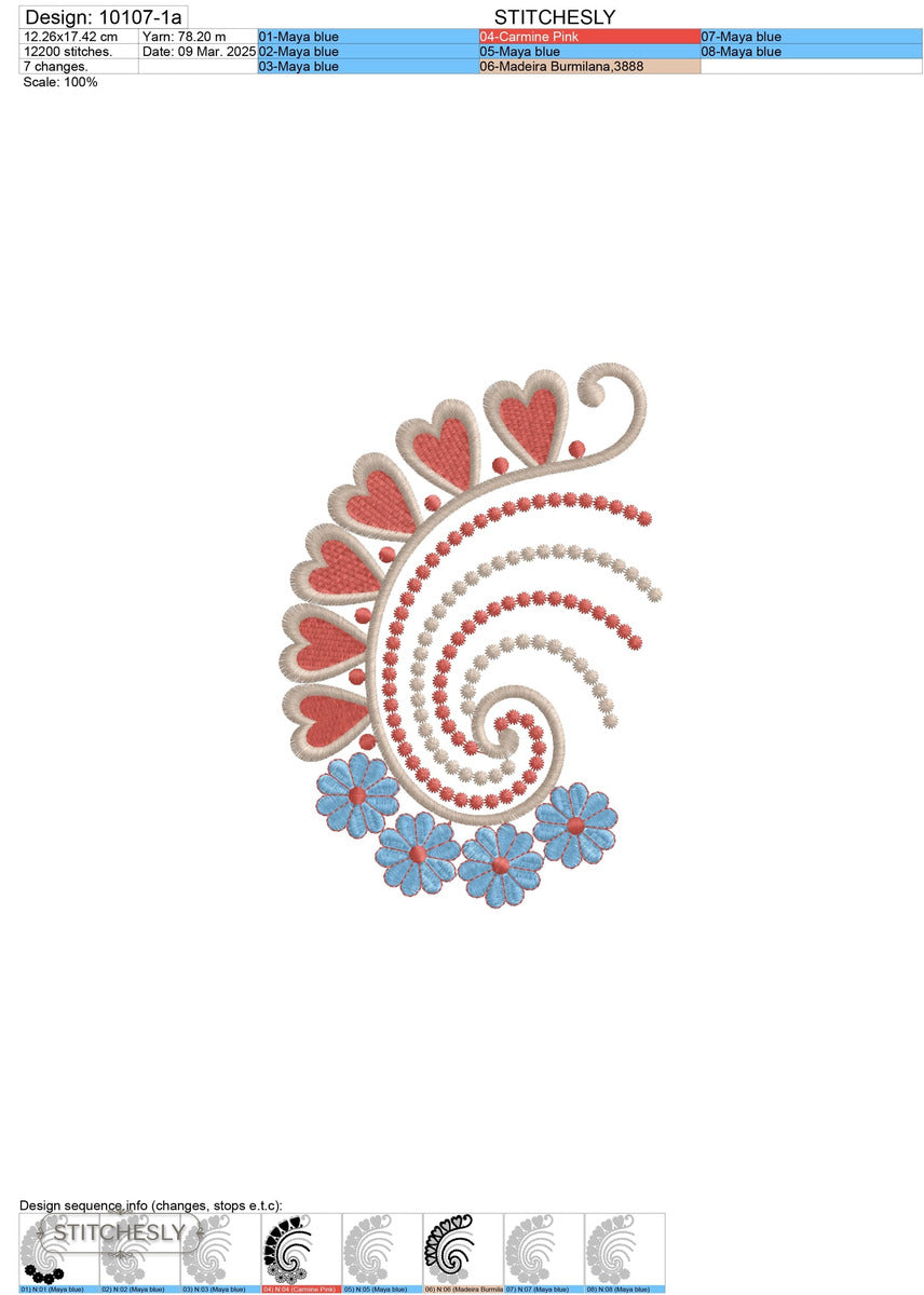 Detail view of Folk Paisley Cushion machine embroidery design
