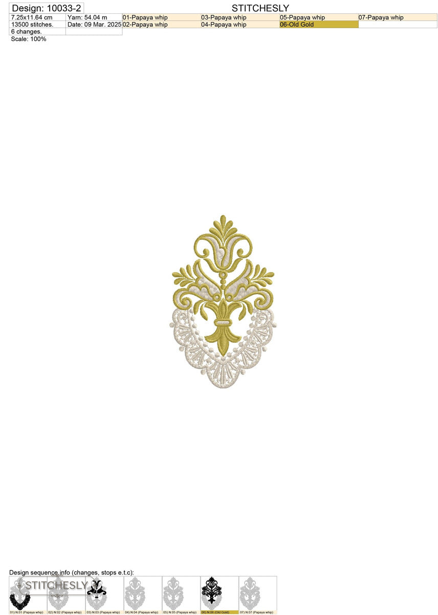 Detail view of Gold Lace Fleur-de-Lis Ornament machine embroidery design