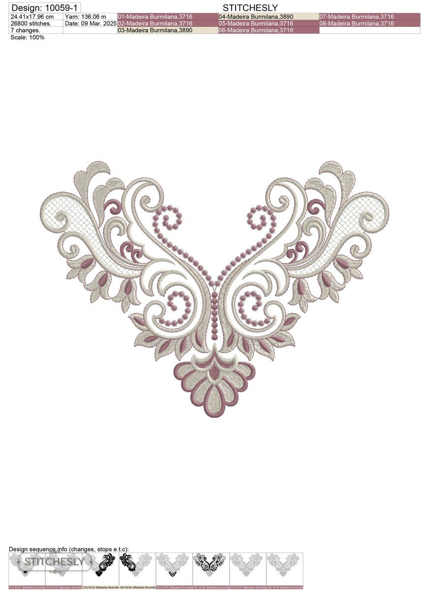 Detail view of Gold Lace Neckline machine embroidery design