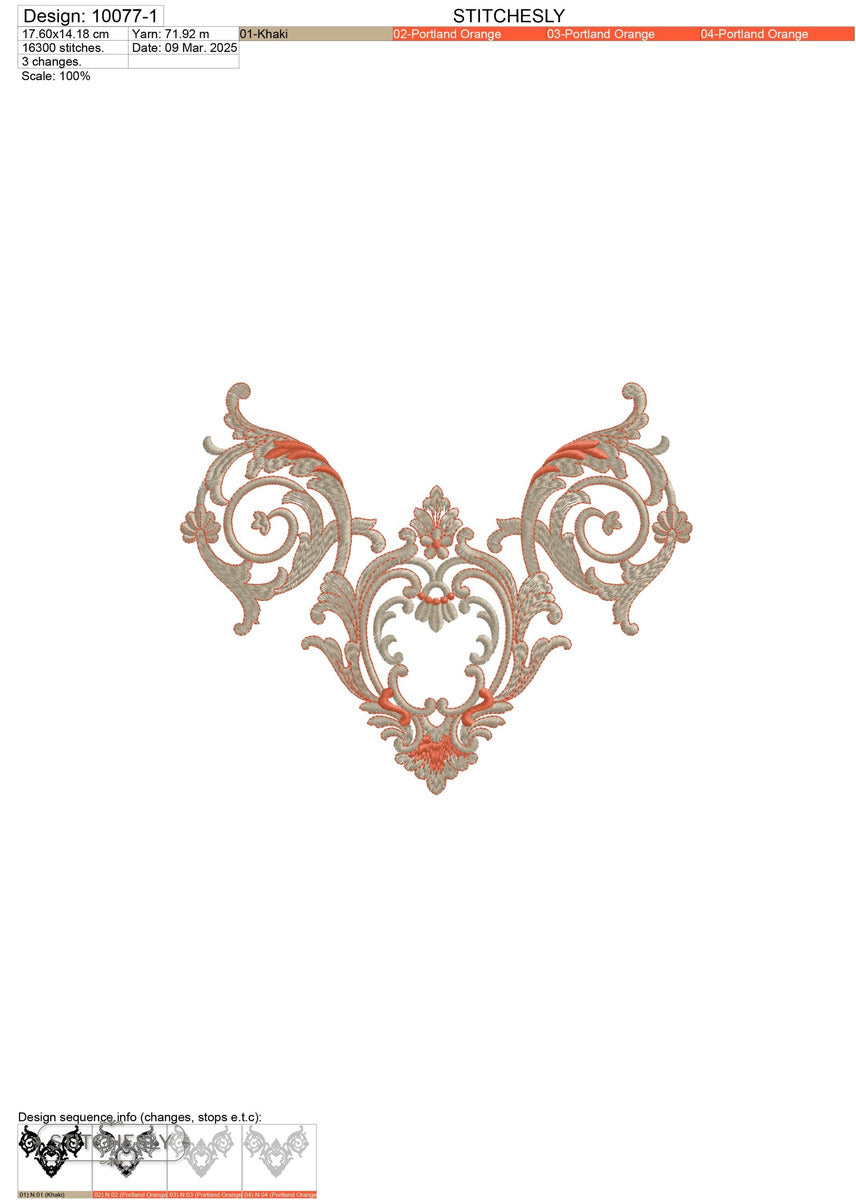 Detail view of Gold Ornamental Cushion machine embroidery design