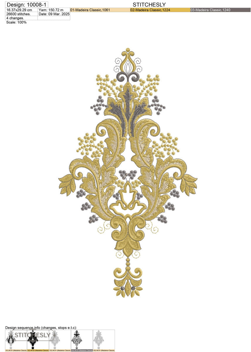 Detail view of Golden Baroque Floral Panel machine embroidery design