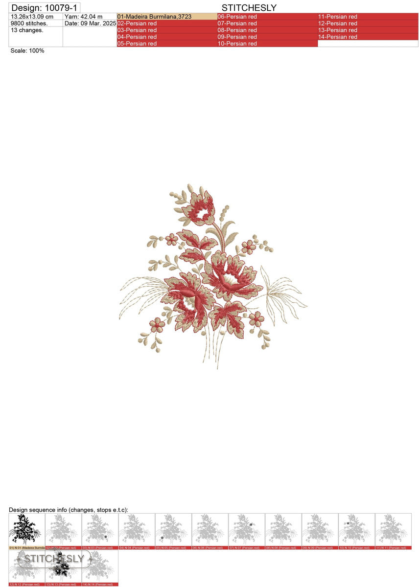 Detail view of Golden Botanical Cushion machine embroidery design