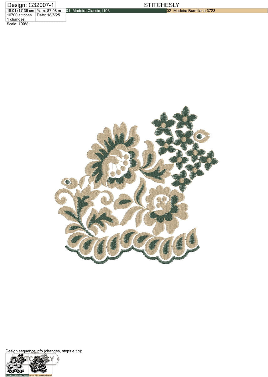Detail view of Green Floral Lace Panel machine embroidery design