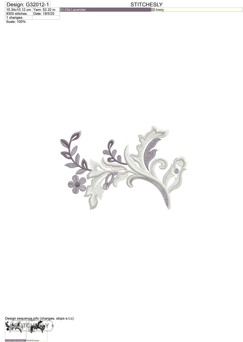 Detail view of Lavender Scroll Floral Machine Embroidery Set machine embroidery design