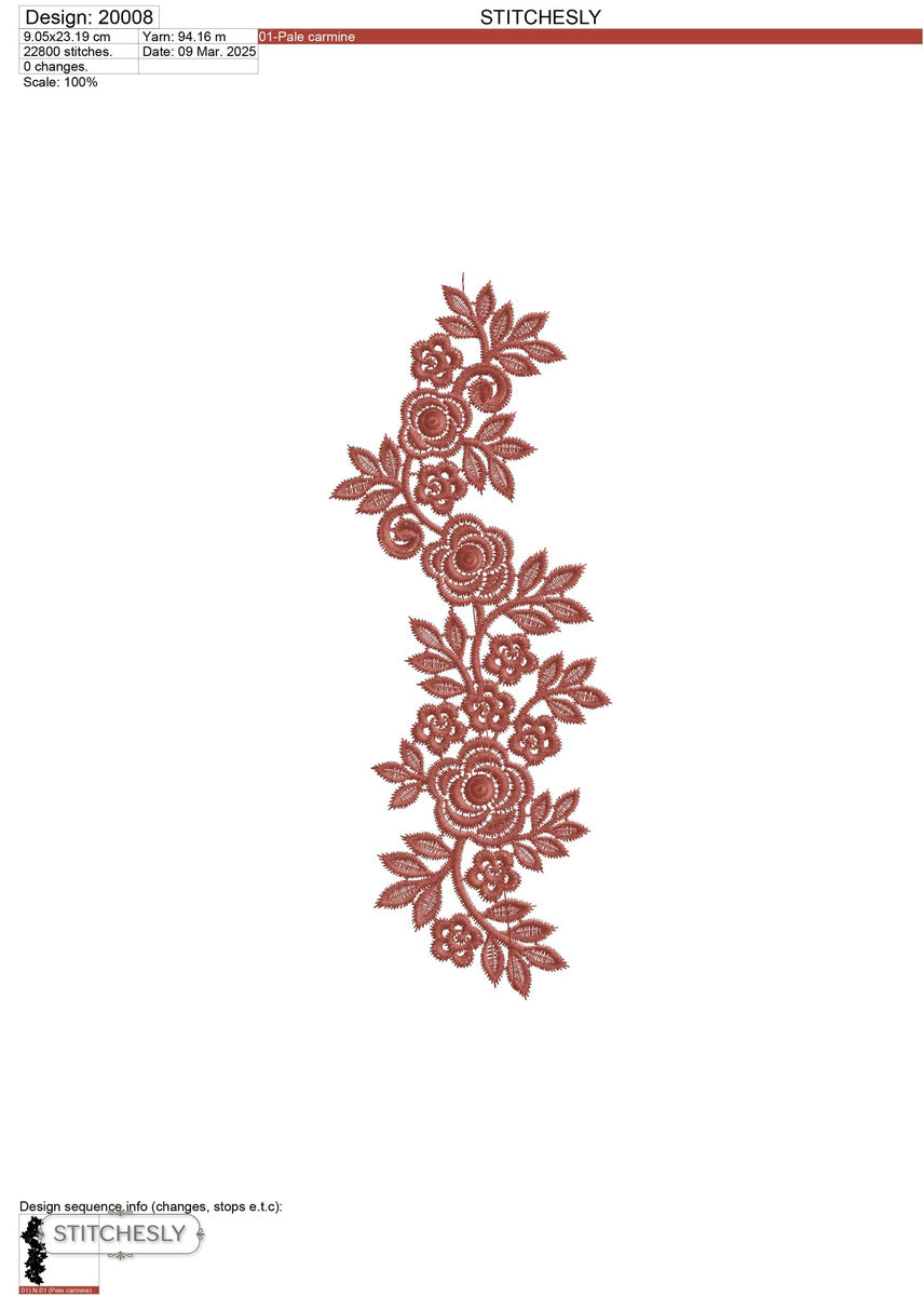 Detail view of Long Rose Leaf Border machine embroidery design