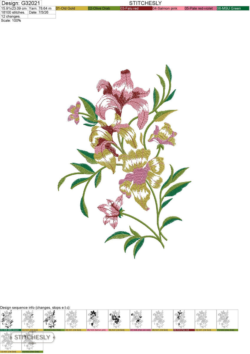 Detail view of Oriental Floral Towel Motif machine embroidery design