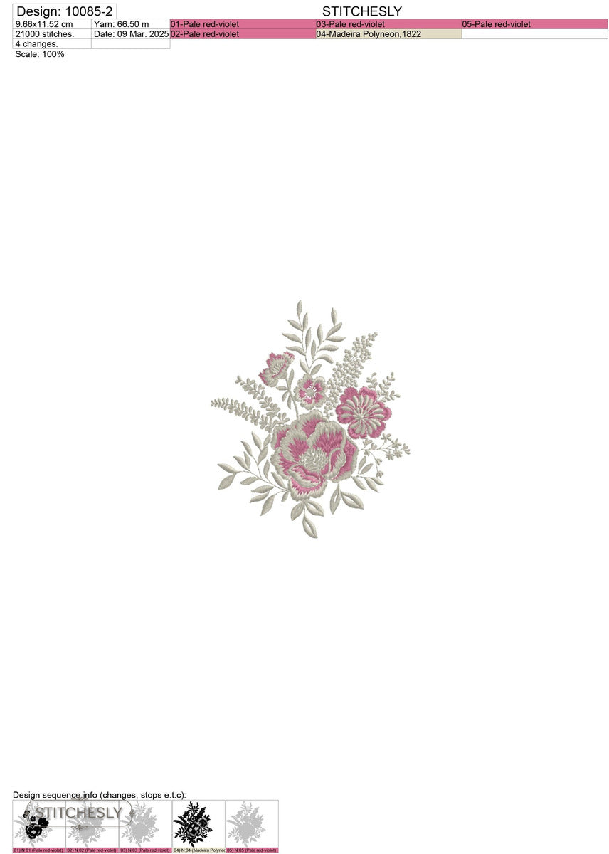 Detail view of Pink Heirloom Floral Bouquet machine embroidery design