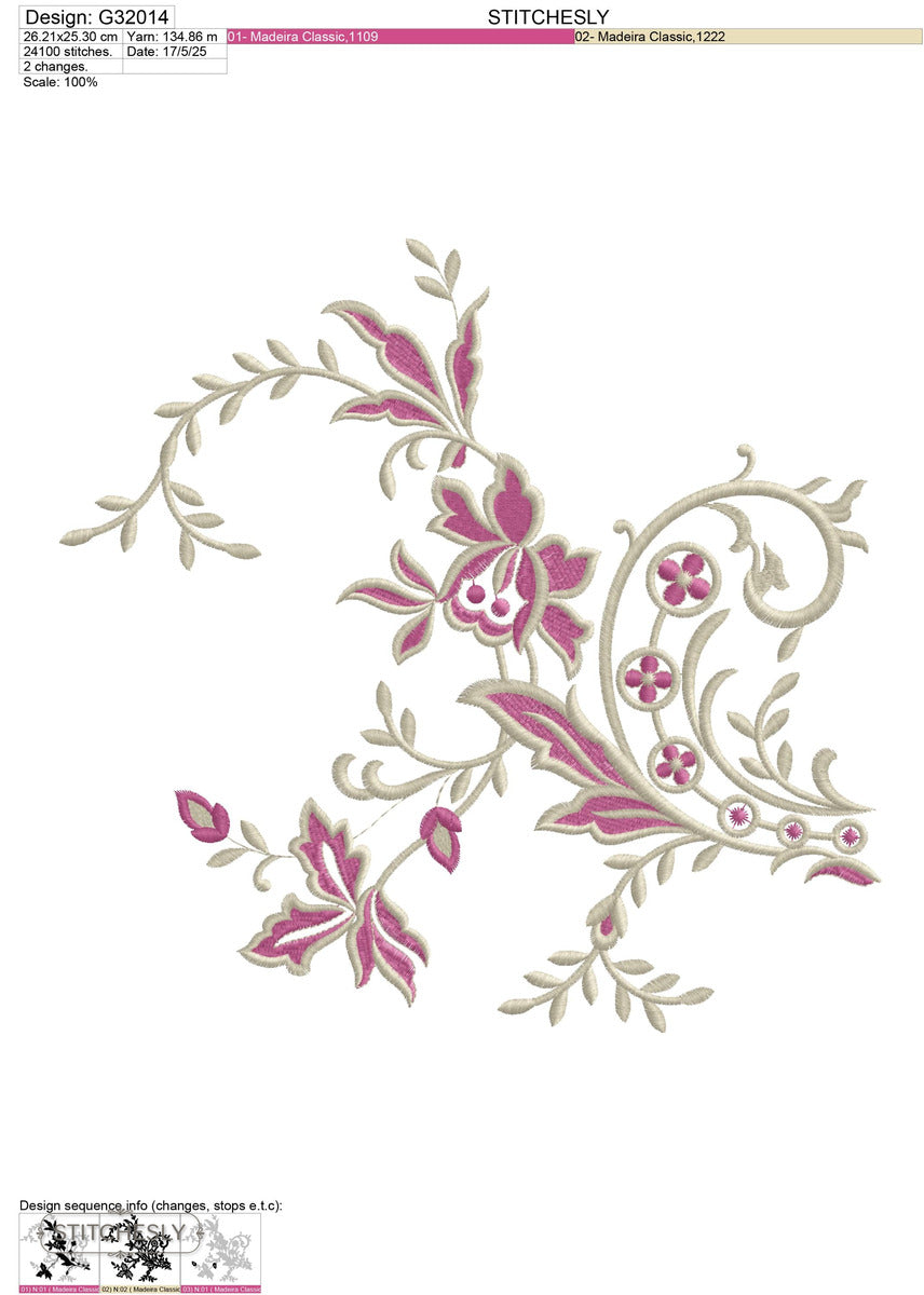 Detail view of Pink Rose Floral Corner machine embroidery design