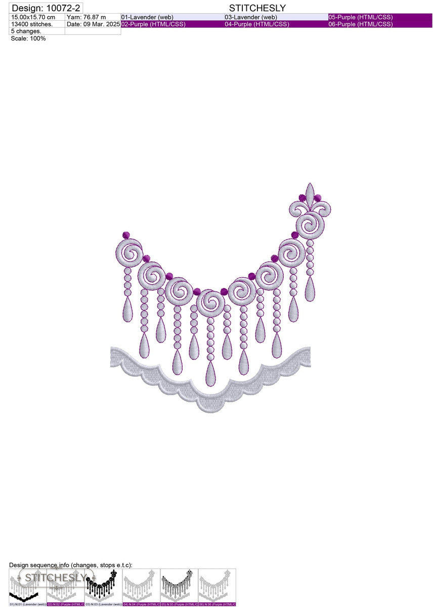 Detail view of Purple Beaded Neckline machine embroidery design