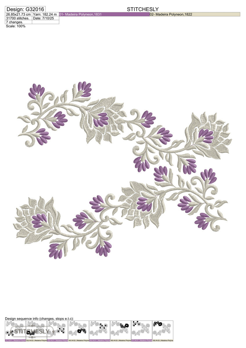 Detail view of Purple Rose Table Linen Border machine embroidery design