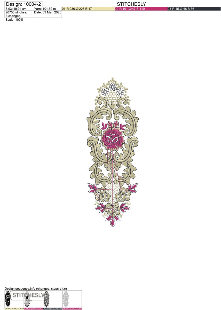 Detail view of Regal Rose Cartouche Panel machine embroidery design