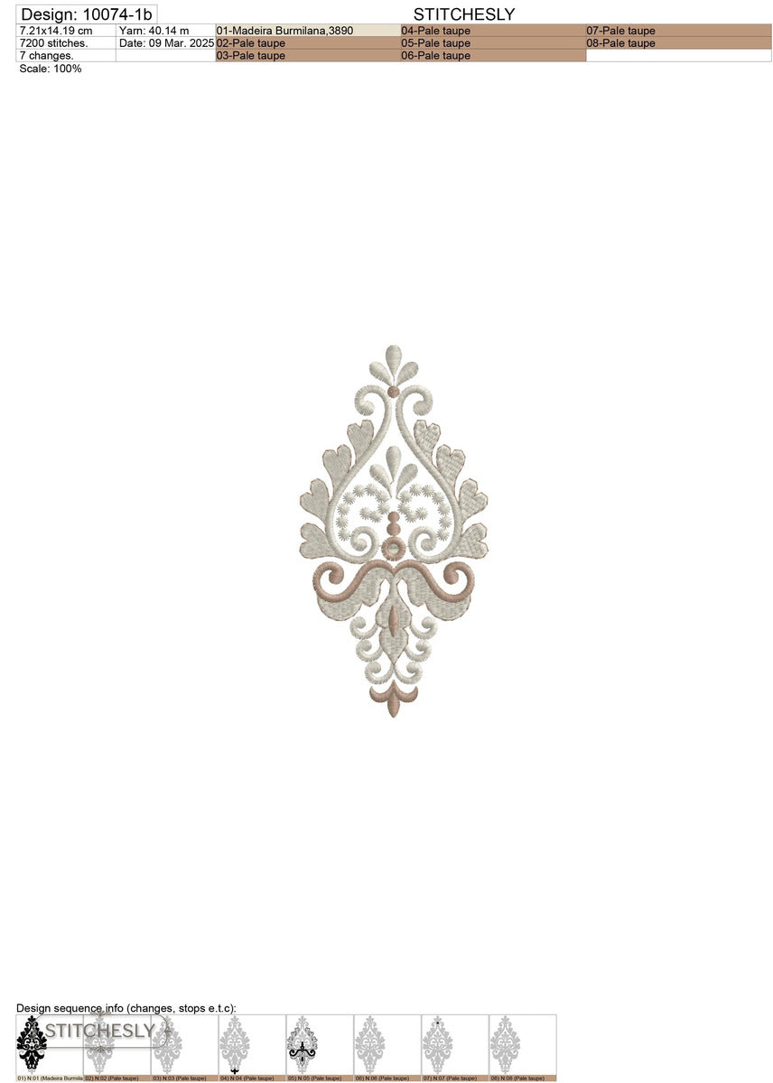 Detail view of Silver Damask Teardrop Ornament machine embroidery design