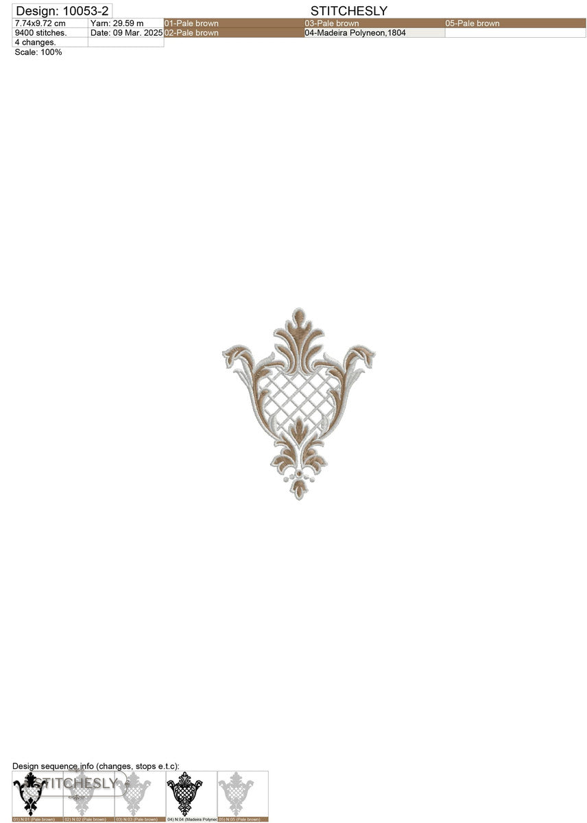 Detail view of Silver Lattice Floral Ornament machine embroidery design