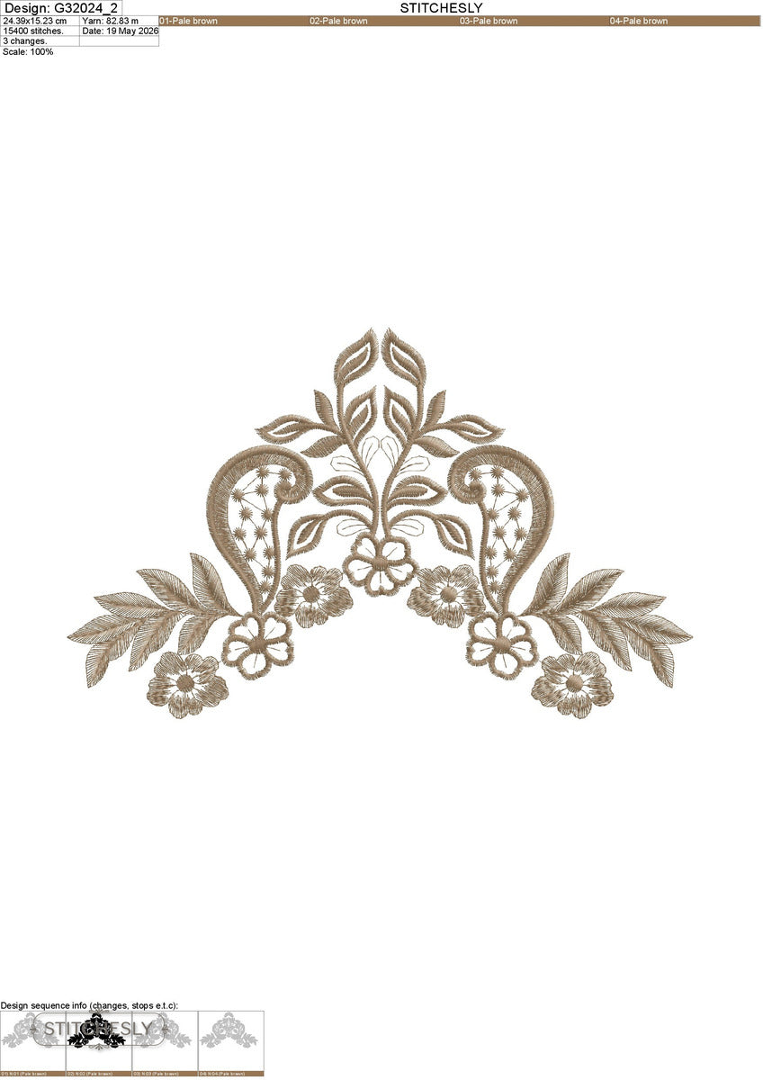 Detail view of Single Color Leaf Floral Corner machine embroidery design
