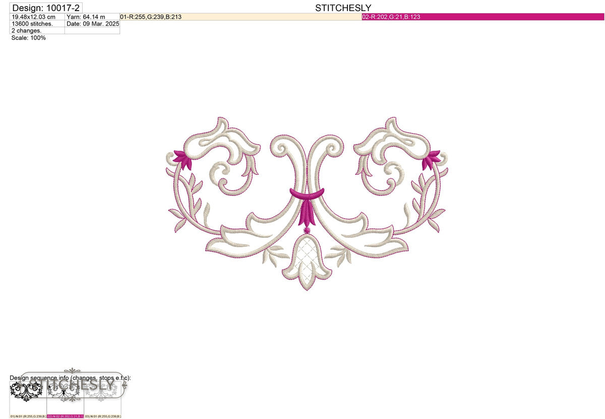 Detail view of Symmetrical Lily Scroll Border machine embroidery design