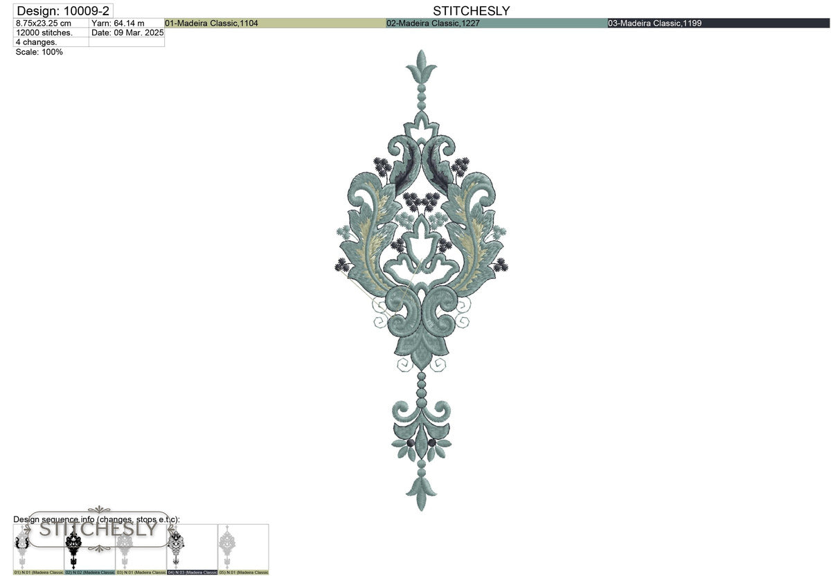Detail view of Teal Damask Pendant machine embroidery design