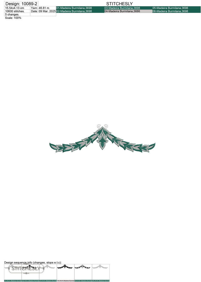 Detail view of Teal Laurel Scroll Border machine embroidery design