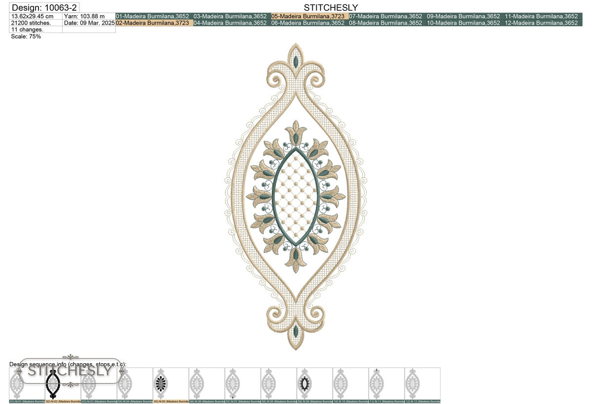 Detail view of Vintage Teardrop Lace Frame machine embroidery design