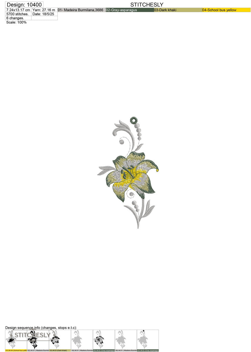 Detail view of Yellow Lily Scroll machine embroidery design