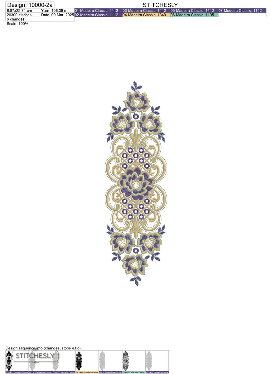 Detail view of Baroque Floral Medallion Panel machine embroidery design