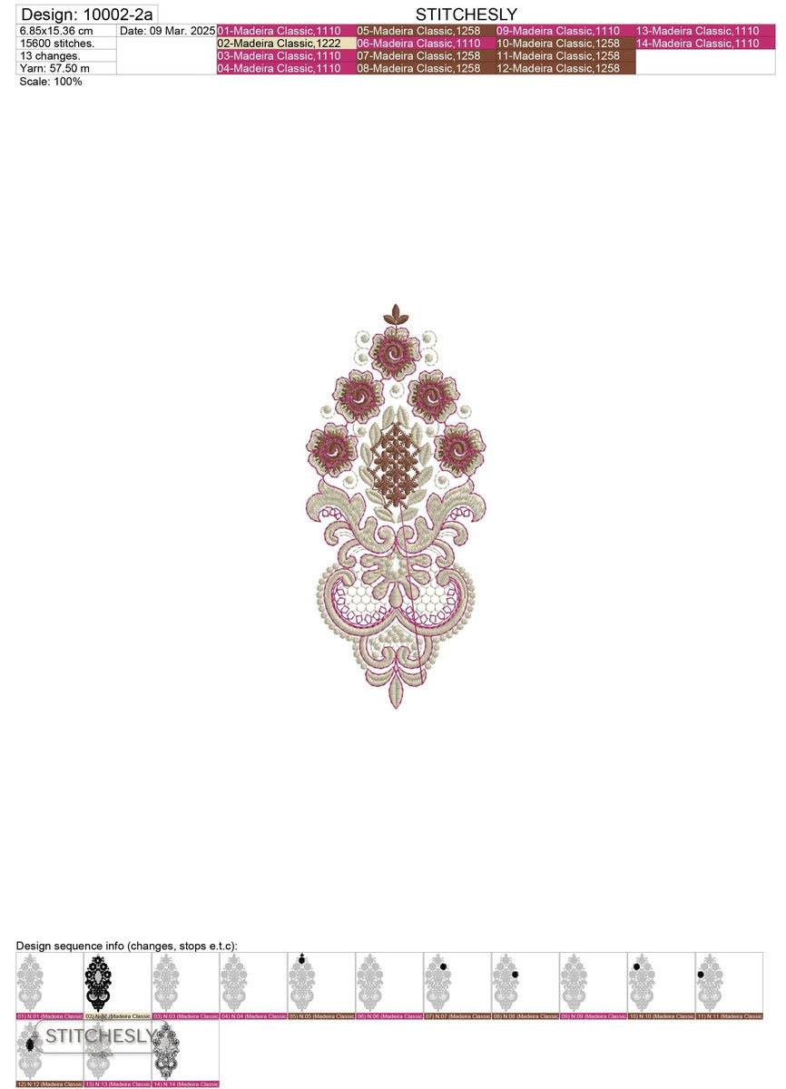 Detail view of Baroque Rose Drop Panel machine embroidery design