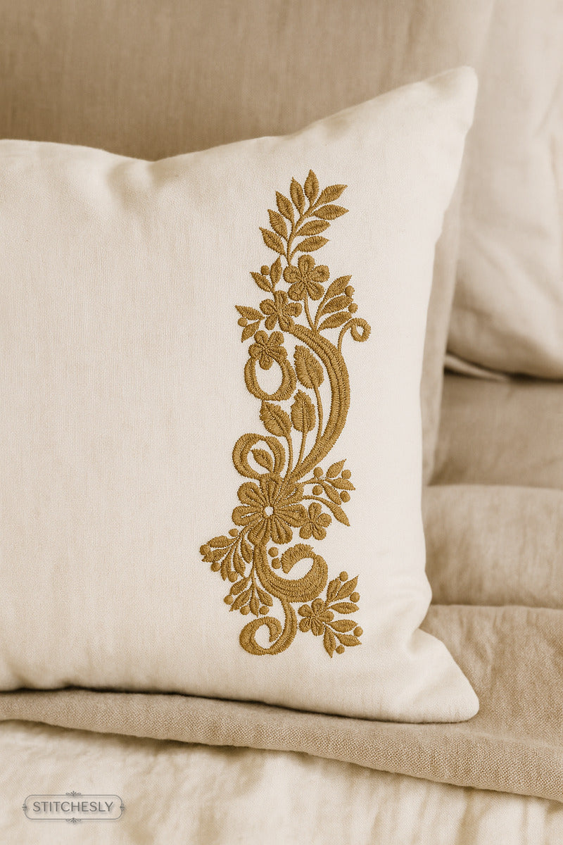 Detail view of Blue Paisley Floral Cushion machine embroidery design