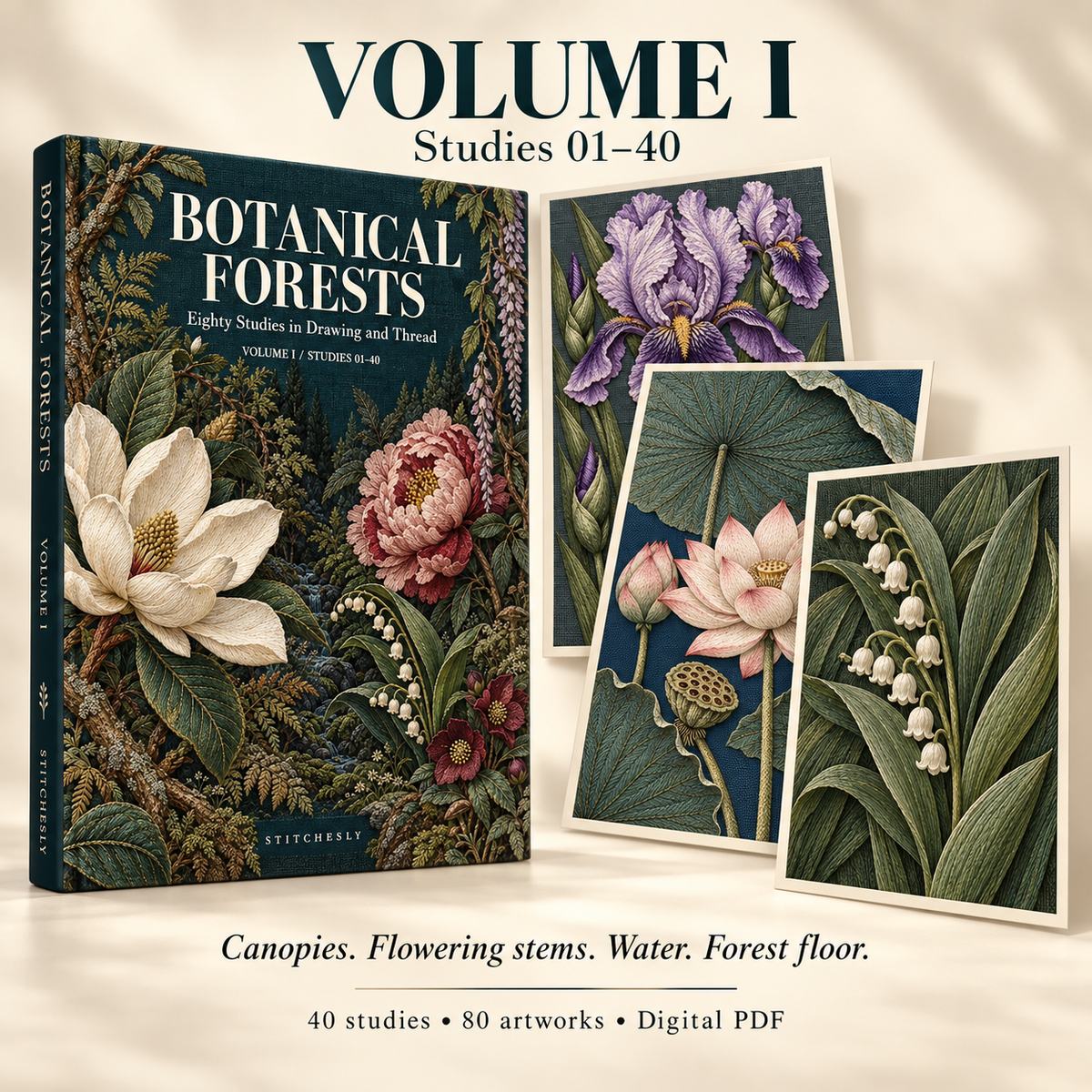 Botanical Forests Volume I cover with iris, lotus and lily-of-the-valley pages, representing Studies 01–40.