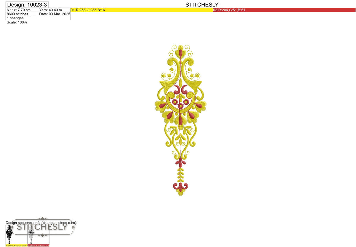 Detail view of Bright Folk Teardrop Ornament machine embroidery design