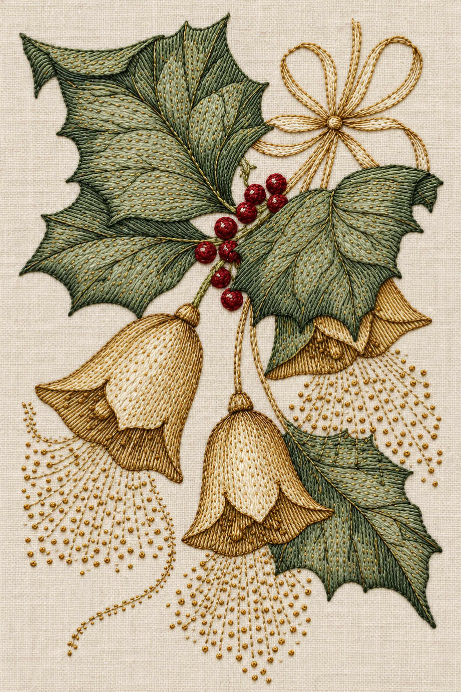Three Christmas bells beneath holly and a fine tied bow, with original dotted rays rendered in delicate embroidery on ivory linen. Textile visualization from Christmas Embroidery Collection Edition 4, a digital PDF design book.