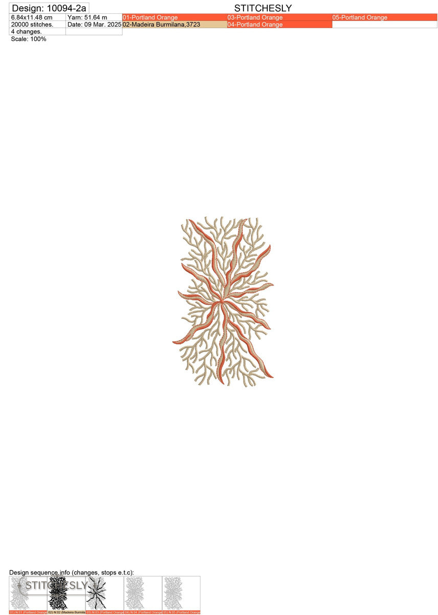 Detail view of Coral Branch Fill Pattern machine embroidery design