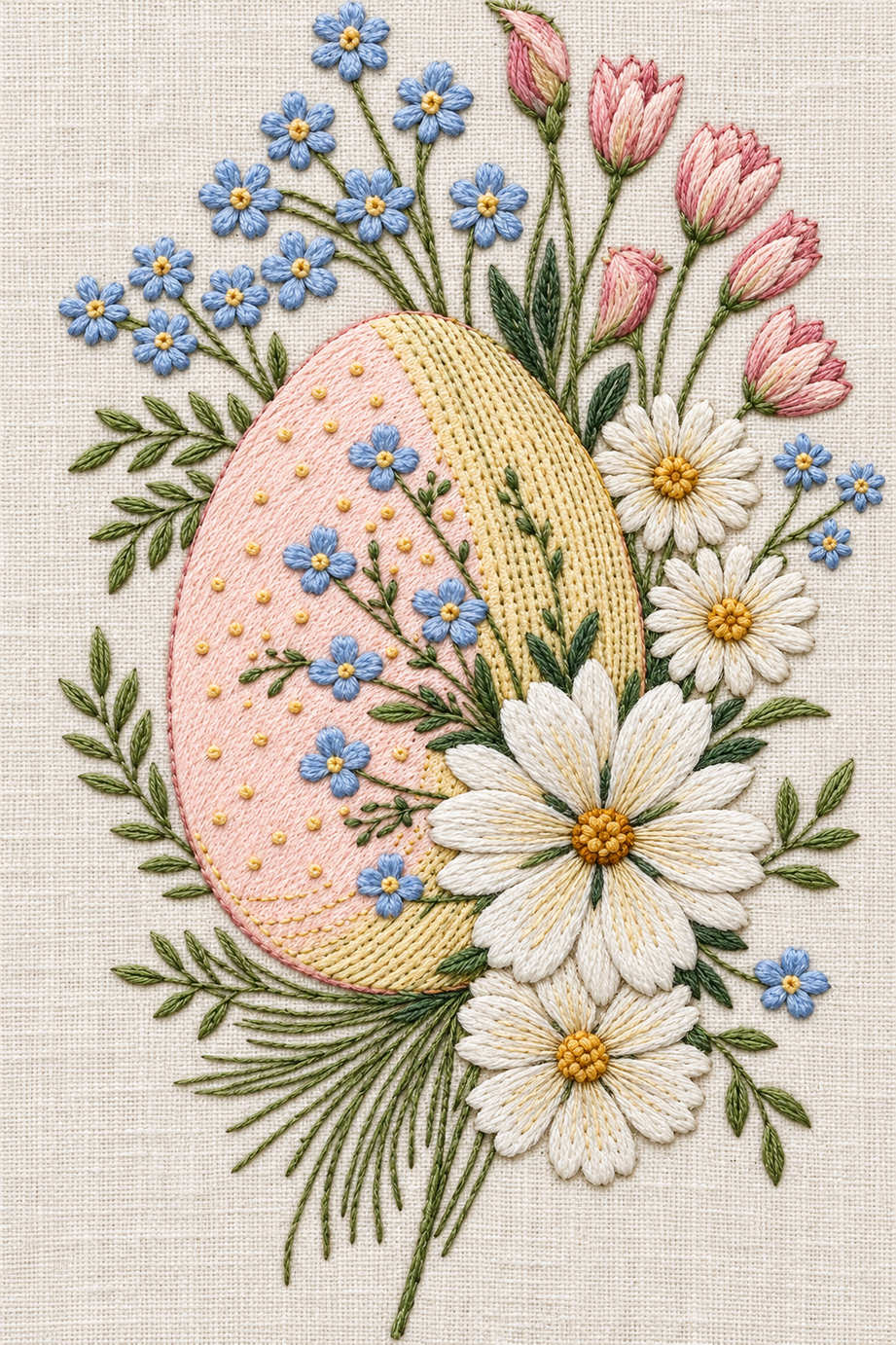 Pastel Easter egg surrounded by blue forget-me-nots, pink tulips and ivory daisies, finely embroidered on linen. Textile visualization from Easter & Spring Embroidery Edition 1, a digital PDF design book.