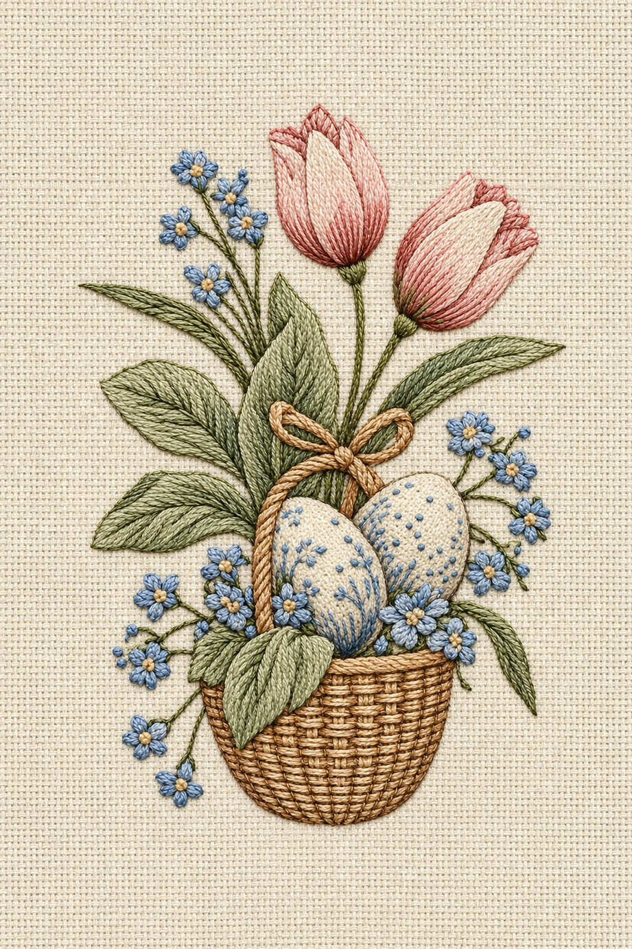 Two blush tulips and two pastel eggs with blue forget-me-nots, sage leaves and a tied bow in a fine embroidered basket. Textile visualization from Easter & Spring Embroidery Edition 2, a digital PDF design book.