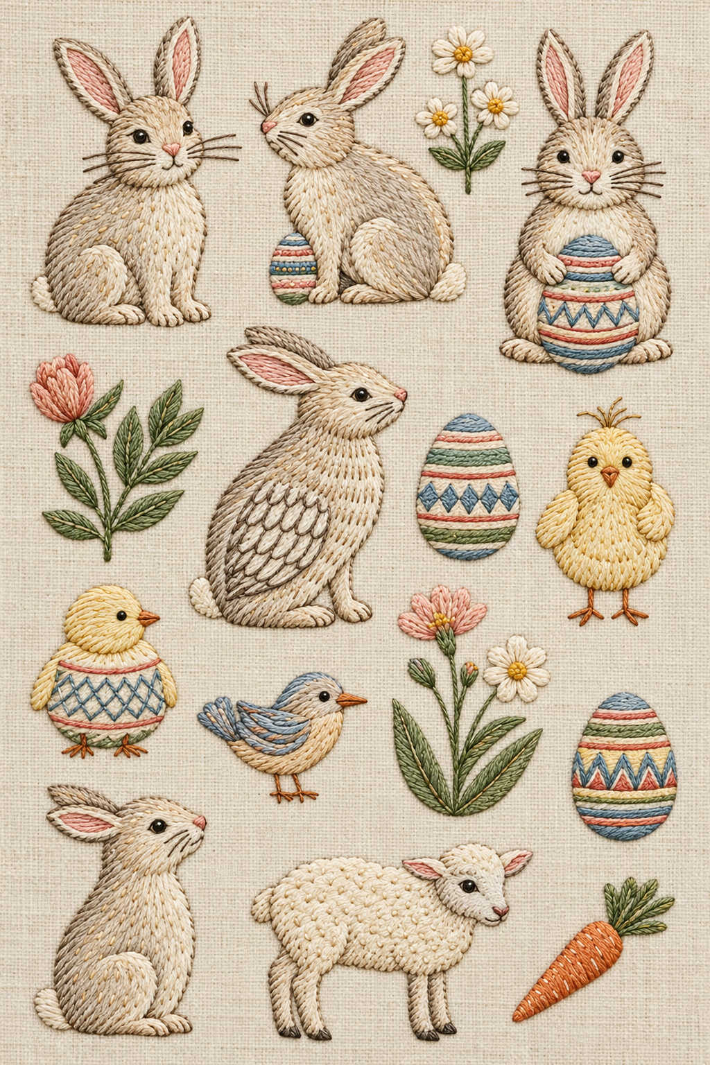 Fine Easter embroidery library with five rabbits, one lamb, two chicks, a small bird, decorated eggs, flowers and one carrot. Textile visualization from Easter & Spring Embroidery Edition 3, a digital PDF design book.