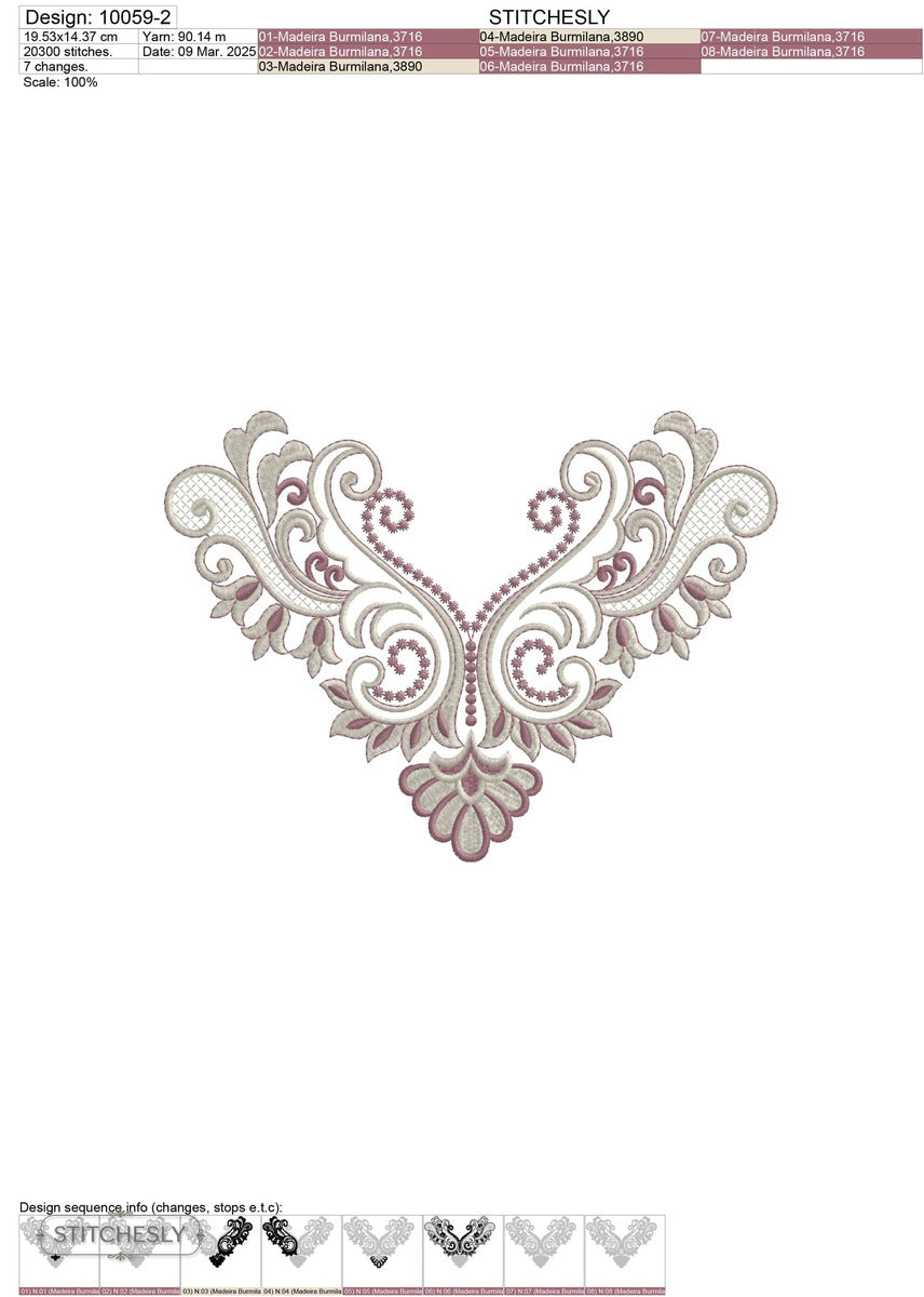 Detail view of Gold Lace Neckline machine embroidery design