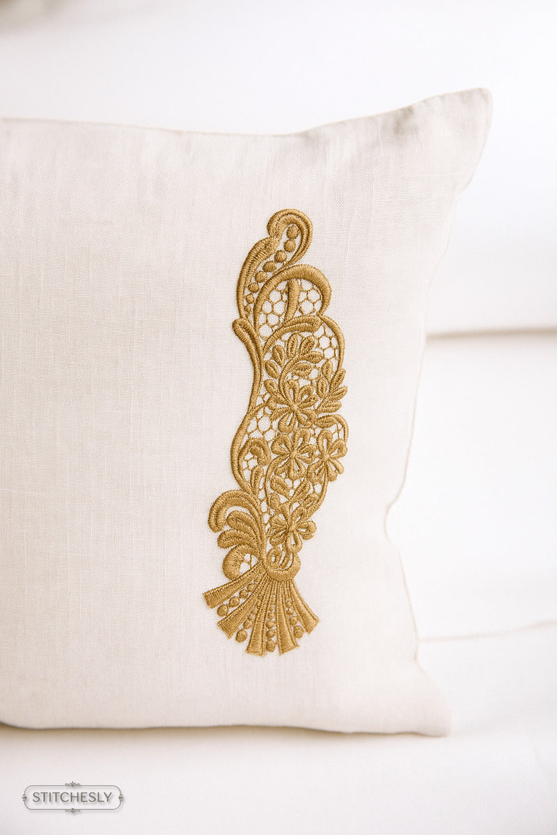 Detail view of Gold Lace Table Linen Border machine embroidery design