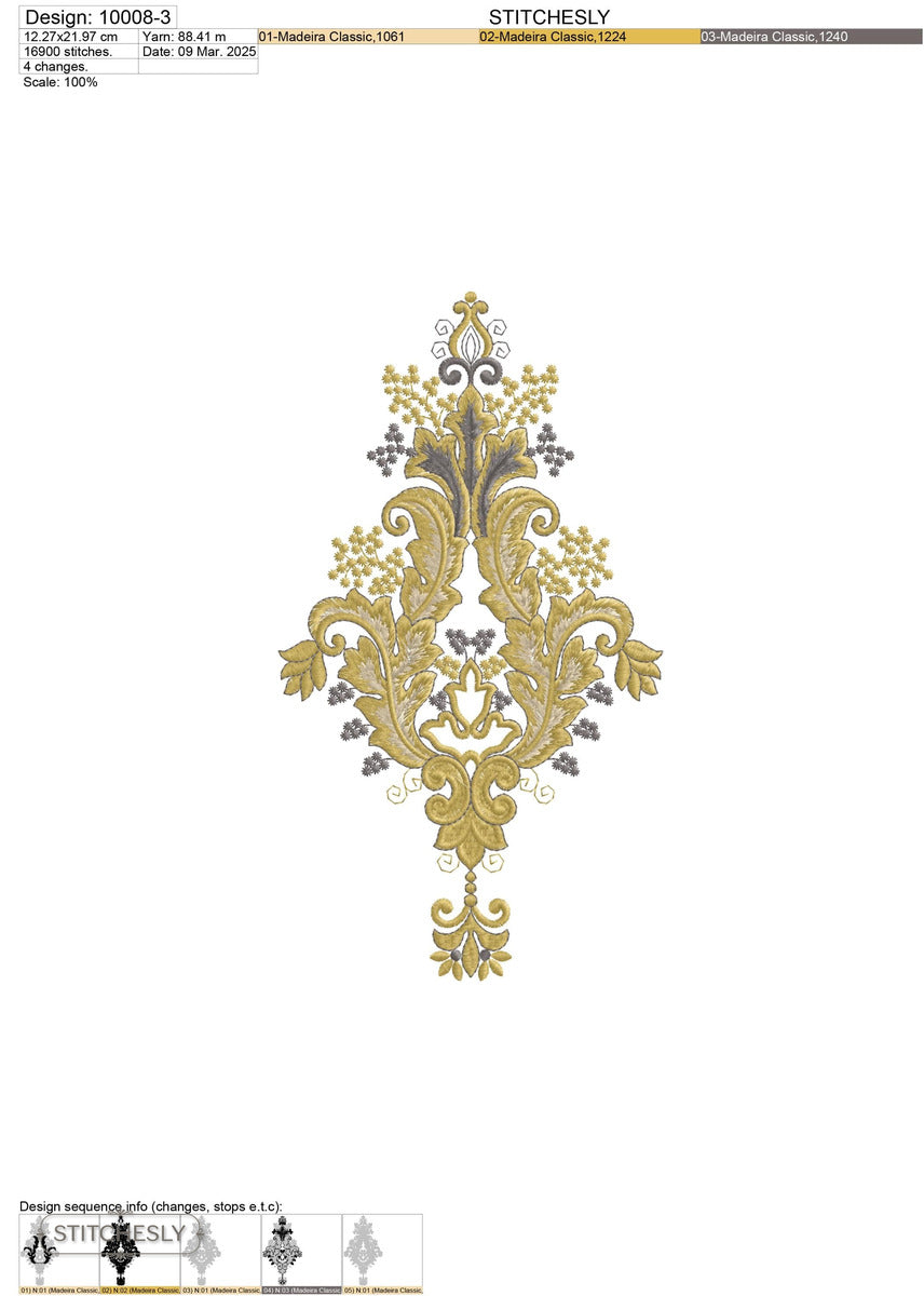 Detail view of Golden Baroque Floral Panel machine embroidery design