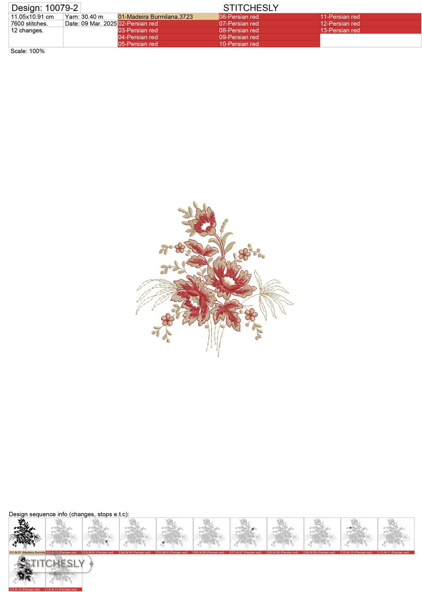 Detail view of Golden Botanical Cushion machine embroidery design