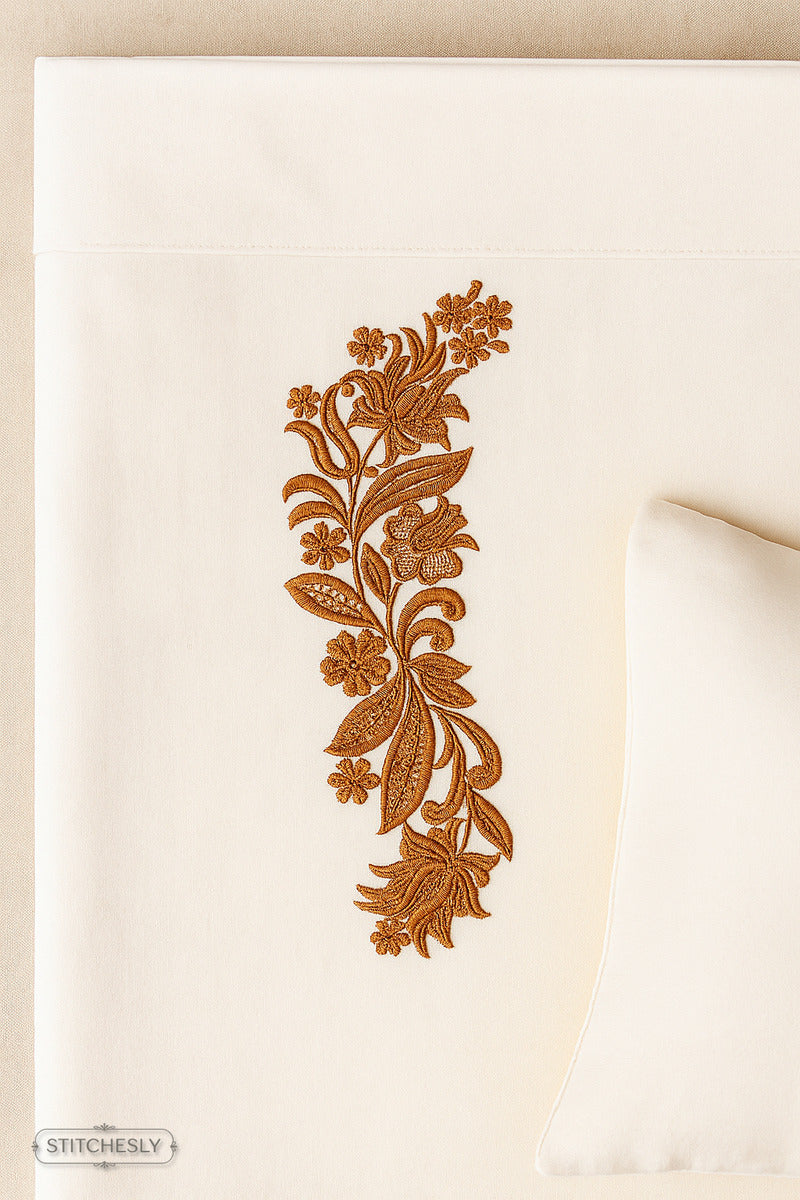 Detail view of Golden Leaf Floral Border machine embroidery design