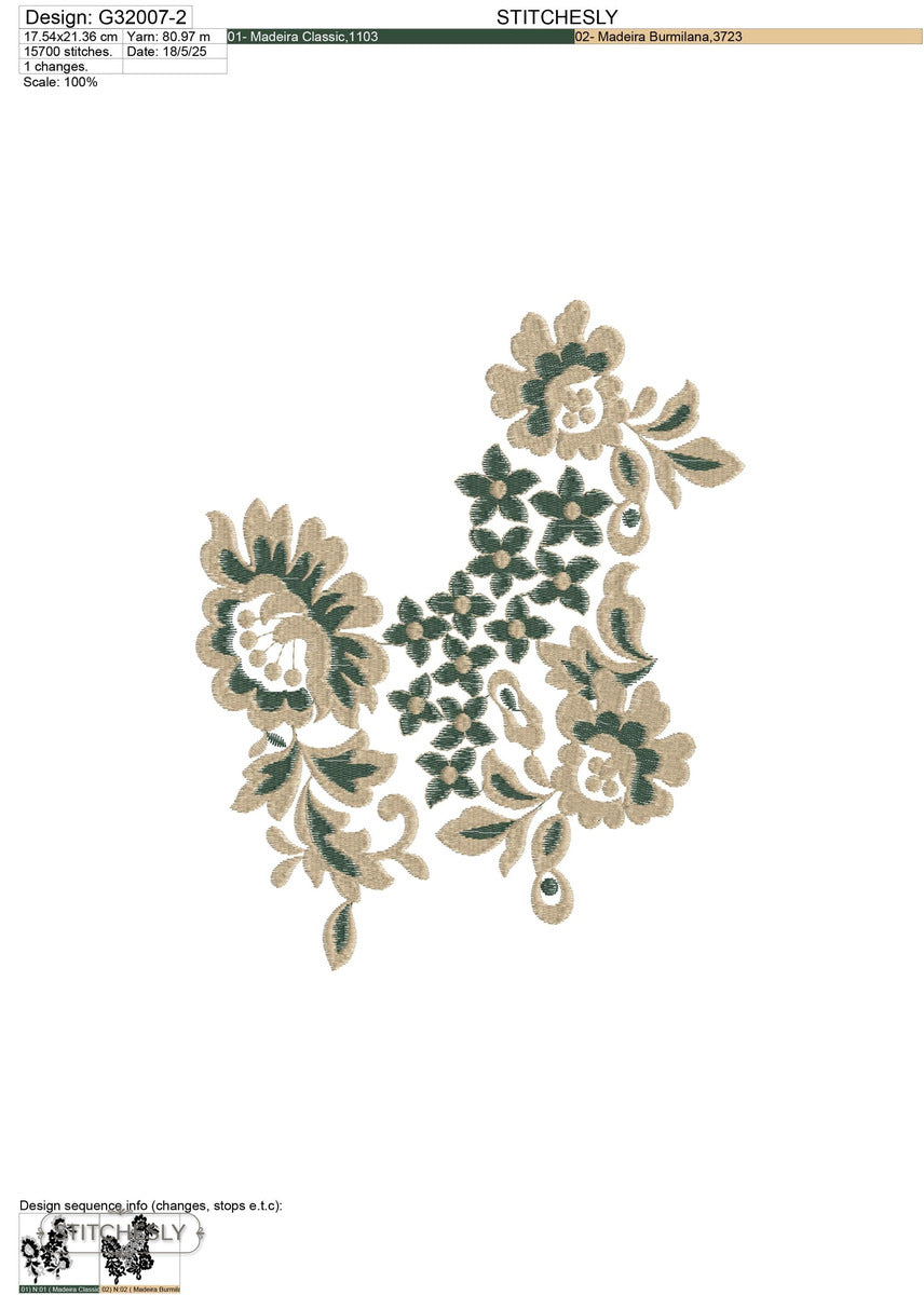 Detail view of Green Floral Lace Panel machine embroidery design