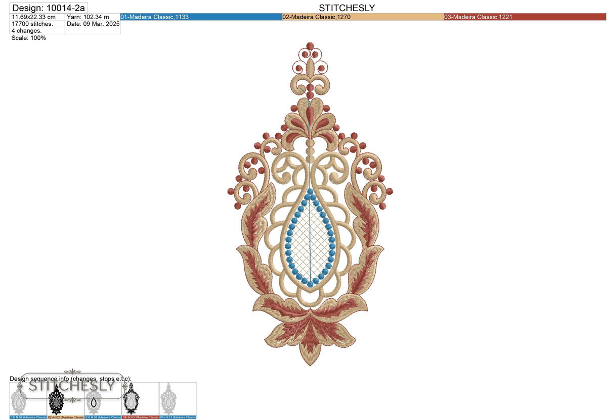 Detail view of Jeweled Floral Teardrop Panel machine embroidery design