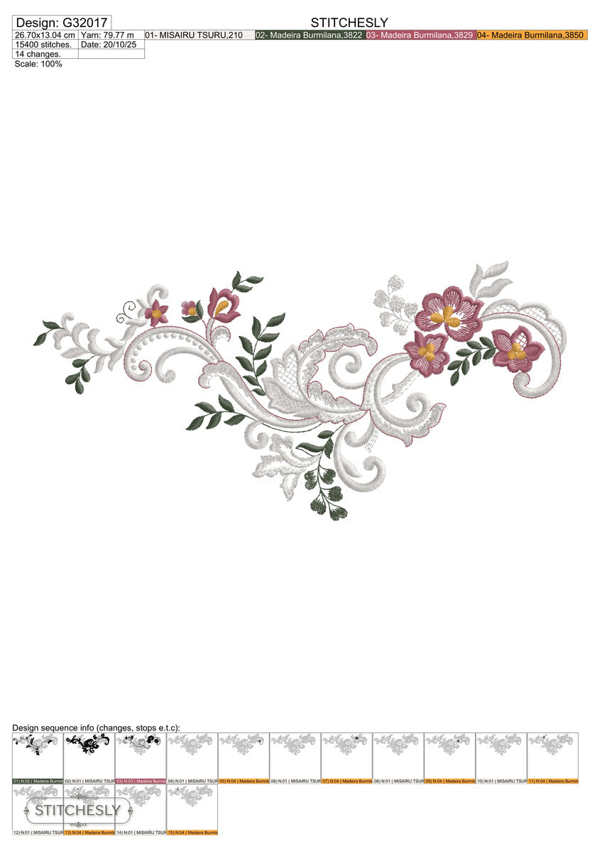 Detail view of Large Rose Leaf Border machine embroidery design