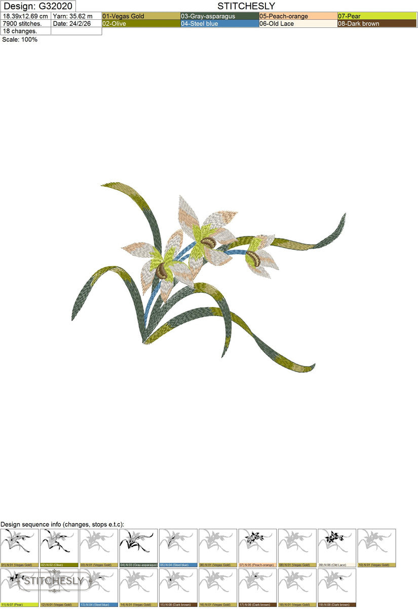 Detail view of Orchid Stem Floral machine embroidery design