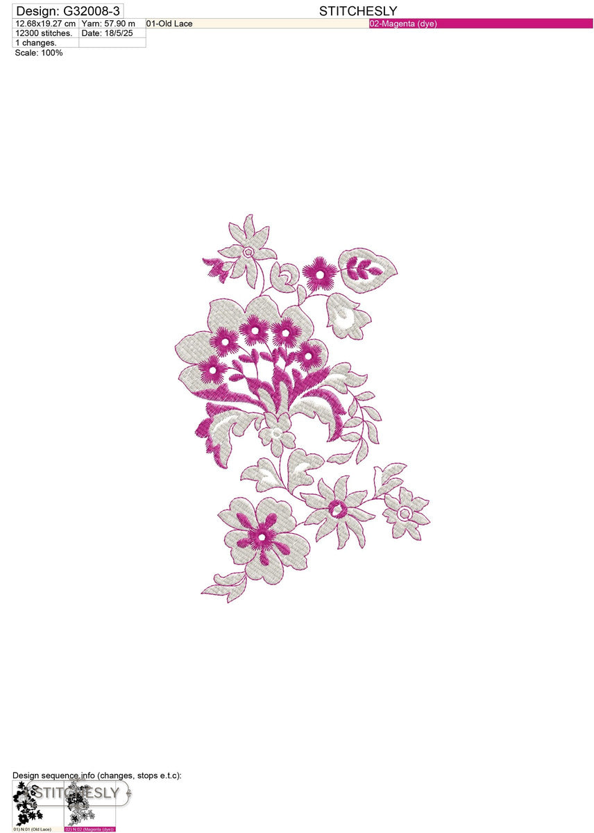 Detail view of Pink Floral Lace Corner machine embroidery design