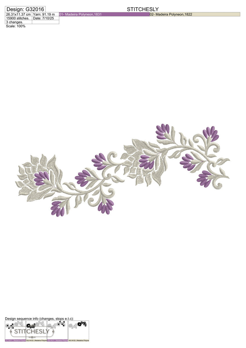 Detail view of Purple Rose Table Linen Border machine embroidery design