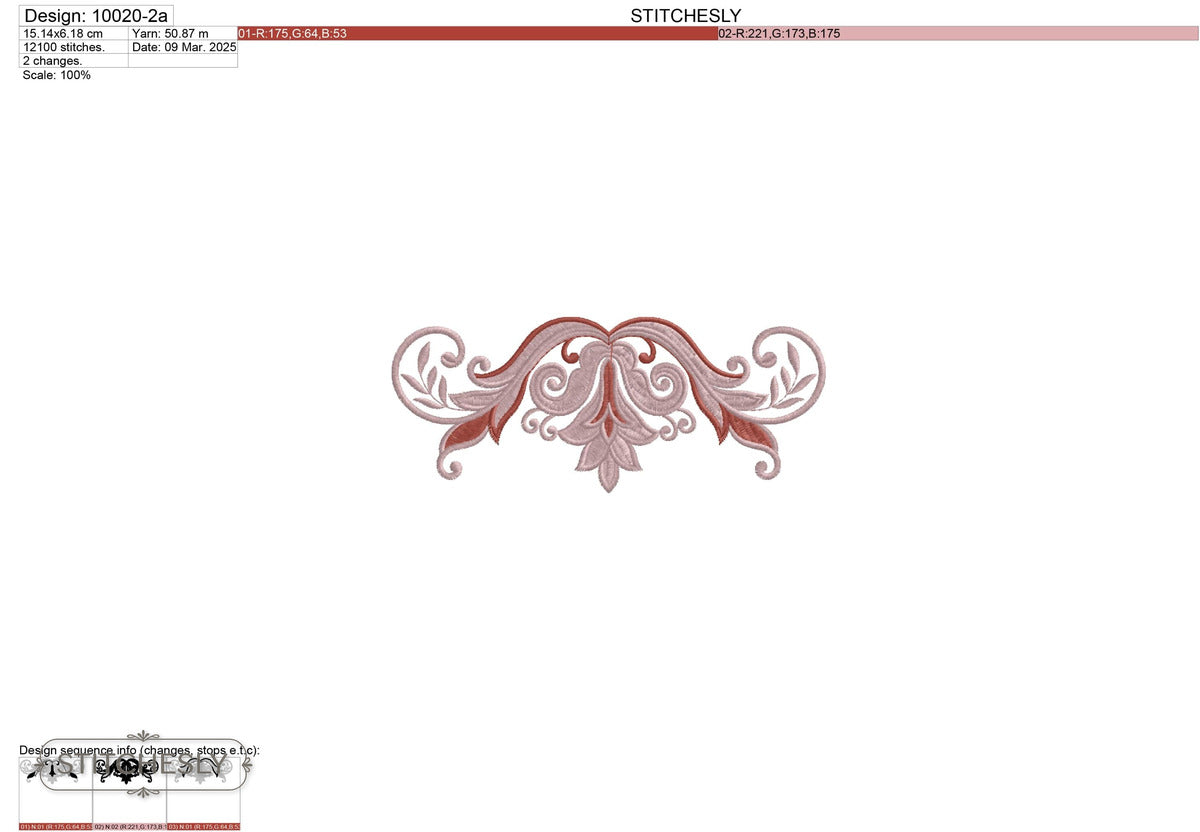 Detail view of Rosewood Scroll Border machine embroidery design