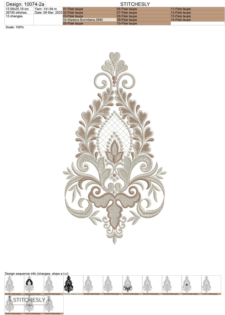 Detail view of Silver Damask Teardrop Ornament machine embroidery design