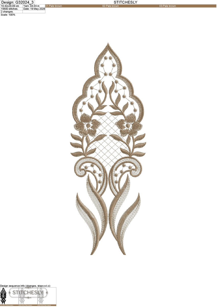 Detail view of Single Color Leaf Floral Corner machine embroidery design